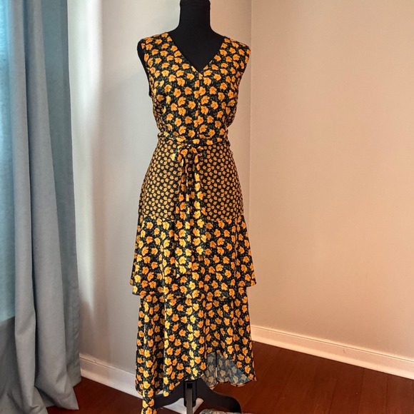 Sam Edelman Dresses & Skirts - Sam Edelman Tiered Midi Dress Women 8 Black Yellow Floral Ruffle High-Low